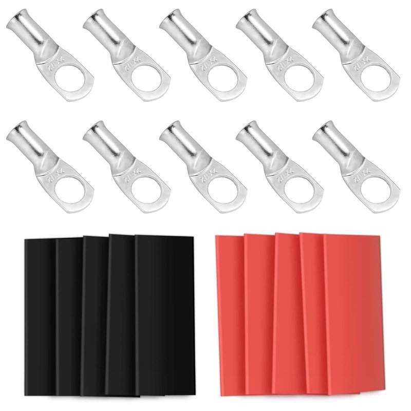 Heavy Duty 8 Gauge Tinned Wire Connectors - 10pcs Copper Ring Terminals with Marine-Grade Heat Shrink Tubing | 5/16" Size