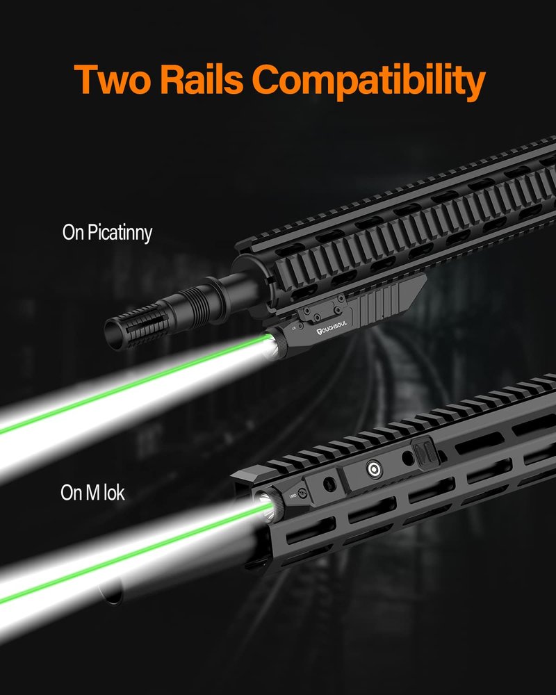 TOUGHSOUL Tactical Flashlight Green Laser Sight Combo, 1750 Lumen Picatinny Rail MLOK Mounted Rechargeable Rifle Flashlight (Green Laser)