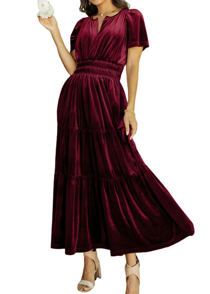 R.Vivimos Women's Fall Winter Vintage Velvet Dress Short Sleeve V Neck Elastic Waist Tiered Ruffle A-Line Flowy Elegant Maxi Dress (Large, WineRed)