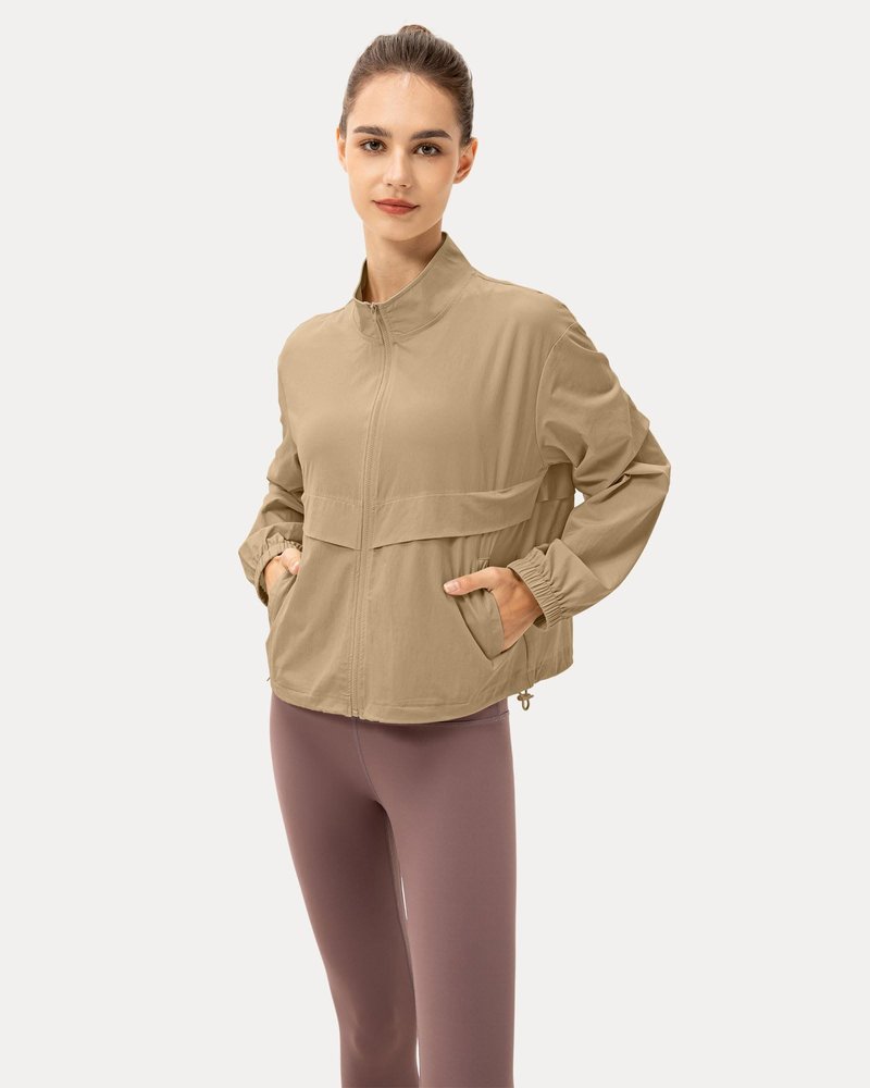 Locachy Women's Lightweight Zip Up Athletic Jacket Stand Collar Windproof Sun Protection Workout Outdoor Jacket Khaki L