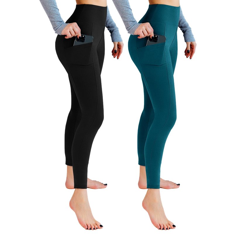 Leafigure 2 Packs Leggings with Pockets for Women, High Waisted Tummy Control Workout Leggings for Gym Black/Teal XXL