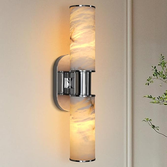 22.2" Alabaster Wall Sconce, Brass Bathroom Wall Sconce, Spanish Natural Marble Sconces Modern Wall Lights Lamps for Bedroom Living Room Stairs Indoor Hallway Vanity, Nickel