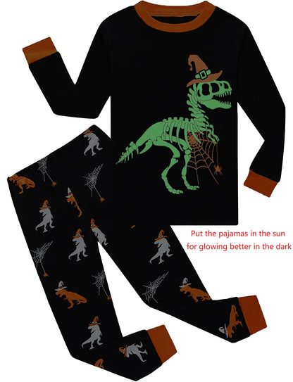 Boys Pajamas Halloween Shirt & Pants Pjs Glow in the Dark Dinosaur with Cobweb Kids Jammies 6t 7t