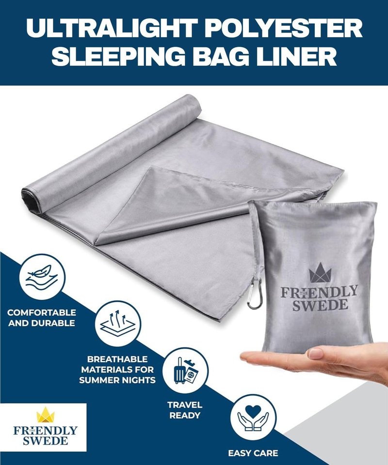 The Friendly Swede Sleeping Bag Liner - Adult Sleep Sack with Pillow Pocket, Lightweight Travel Sheets for Hotel, Camping Sheets and Backpacking Stuff Sack, Grey Polyester, Zipper, Double