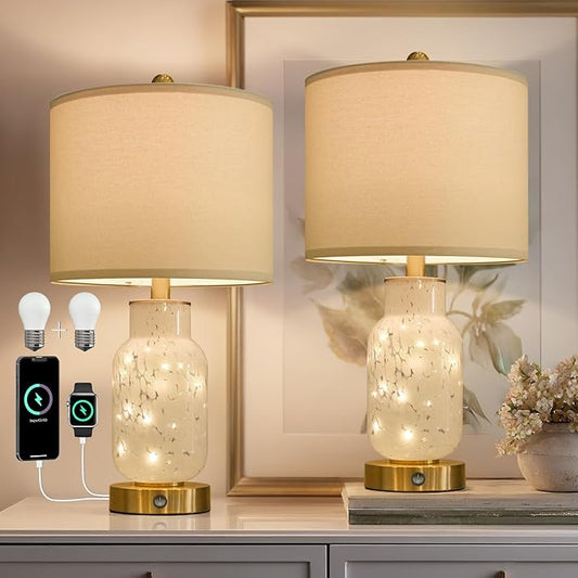 Oneach 22" Glass Table Lamps Set of 2, White Modern Bedside Lamp with LED Night Light for Living Room, Nightstand Lamp with USB Ports for Bedrooms, Study Room, End Table(2 Bulbs Included)