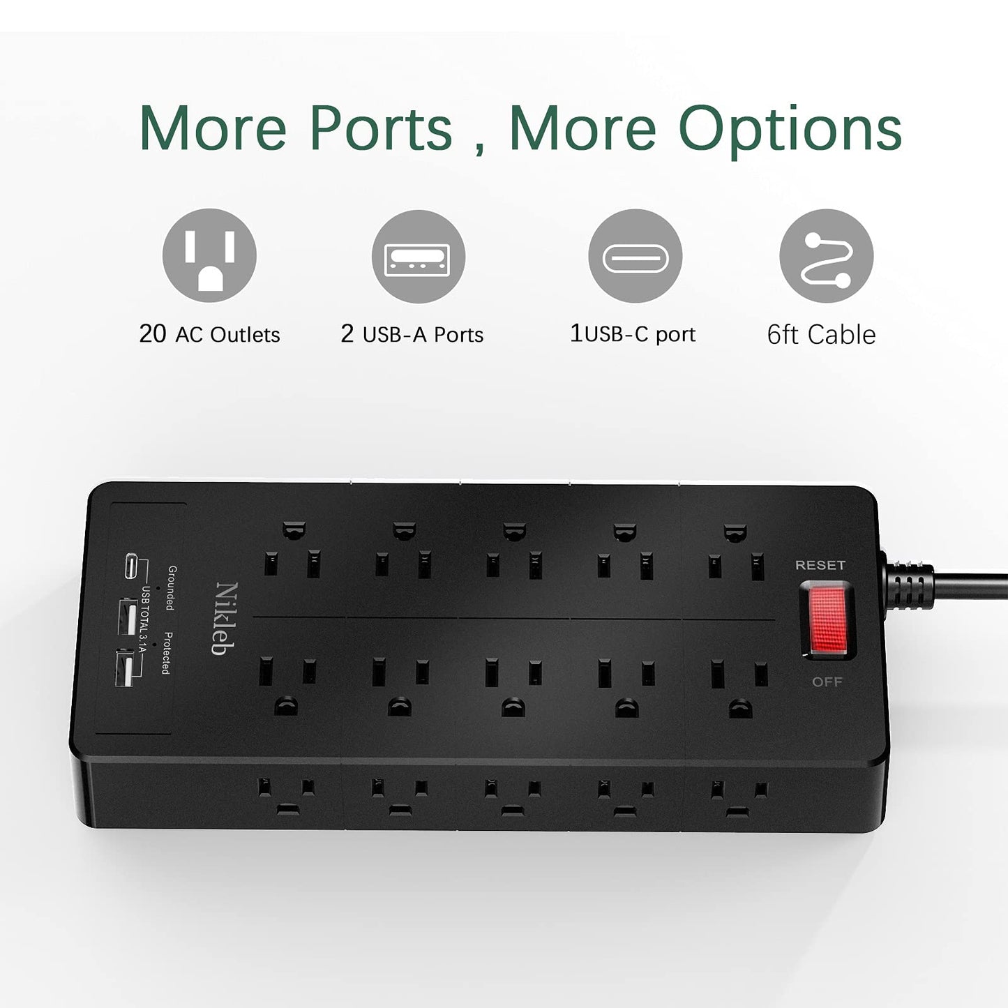 Power Strip 23 in 1, 20 Outlets Surge Protector Wall Mount with 2 USB+1 USB C Ports, Multi Plug Extension Cord 6ft Heavy Duty, Accessories for Gaming, Studio, Home, Office, Desk Organizers