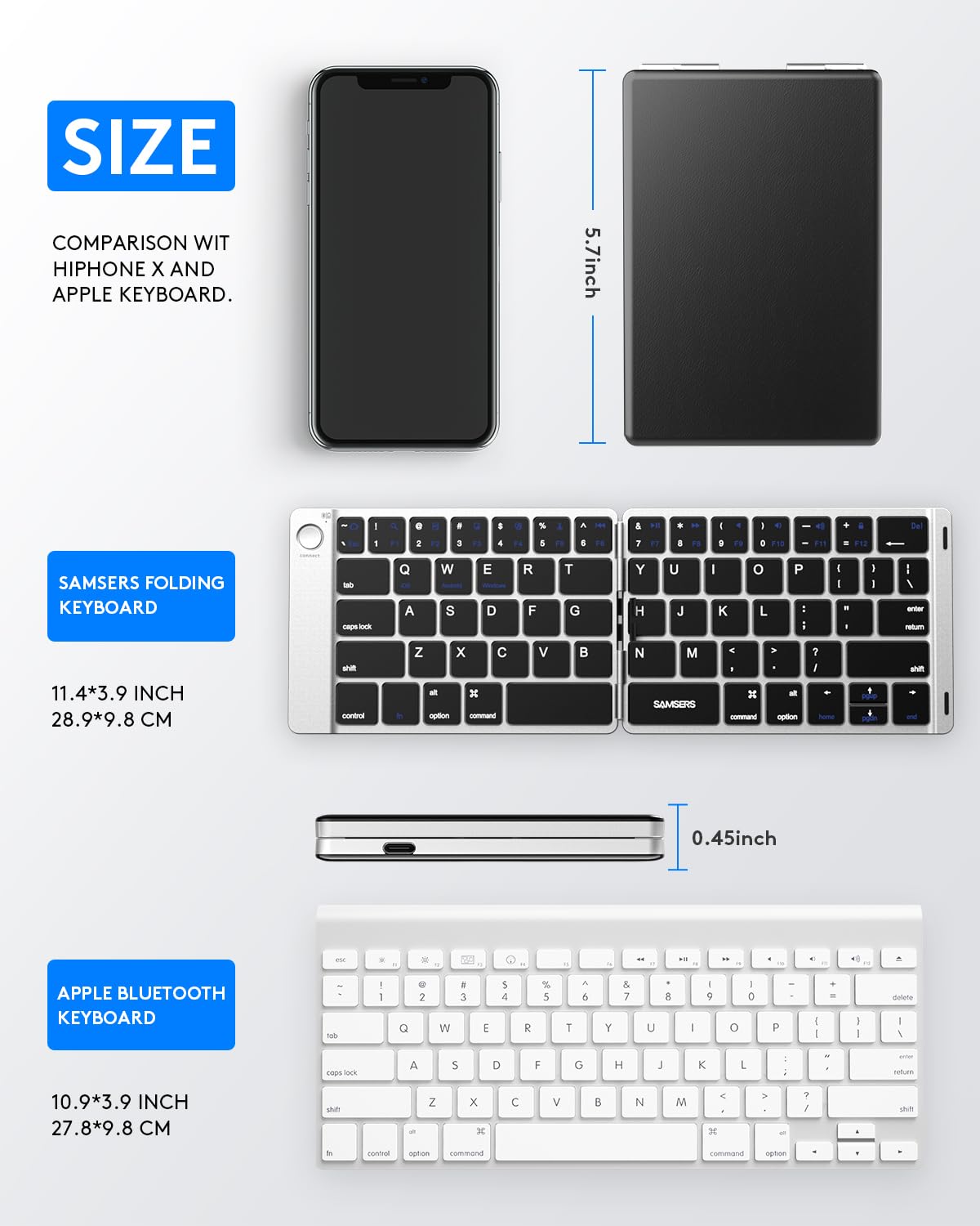 Samsers Foldable Bluetooth Keyboard - Portable Wireless Keyboard with Stand Holder, Rechargeable Full Size Ultra Slim Folding, Compatible iOS Android Windows Smartphone Tablet and Laptop - Black