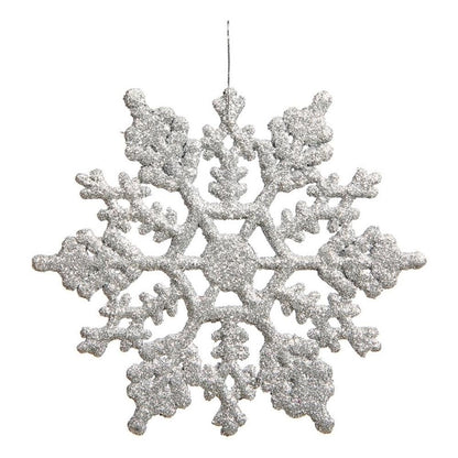 Vickerman 4" Silver Glitter Snowflake Ornament Set - Sparkly Shatterproof Snowflakes with Matching Glitter Accents and Nylon Hanging String (24 Snowflakes per Box)