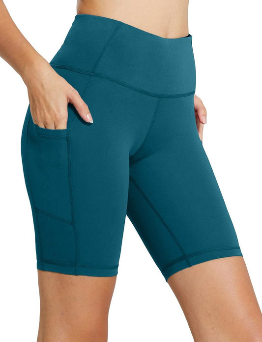 baleaf Biker Shorts Women Yoga Gym Workout Spandex Running Volleyball Tummy Control Compression with Pockets 8" Blue XL