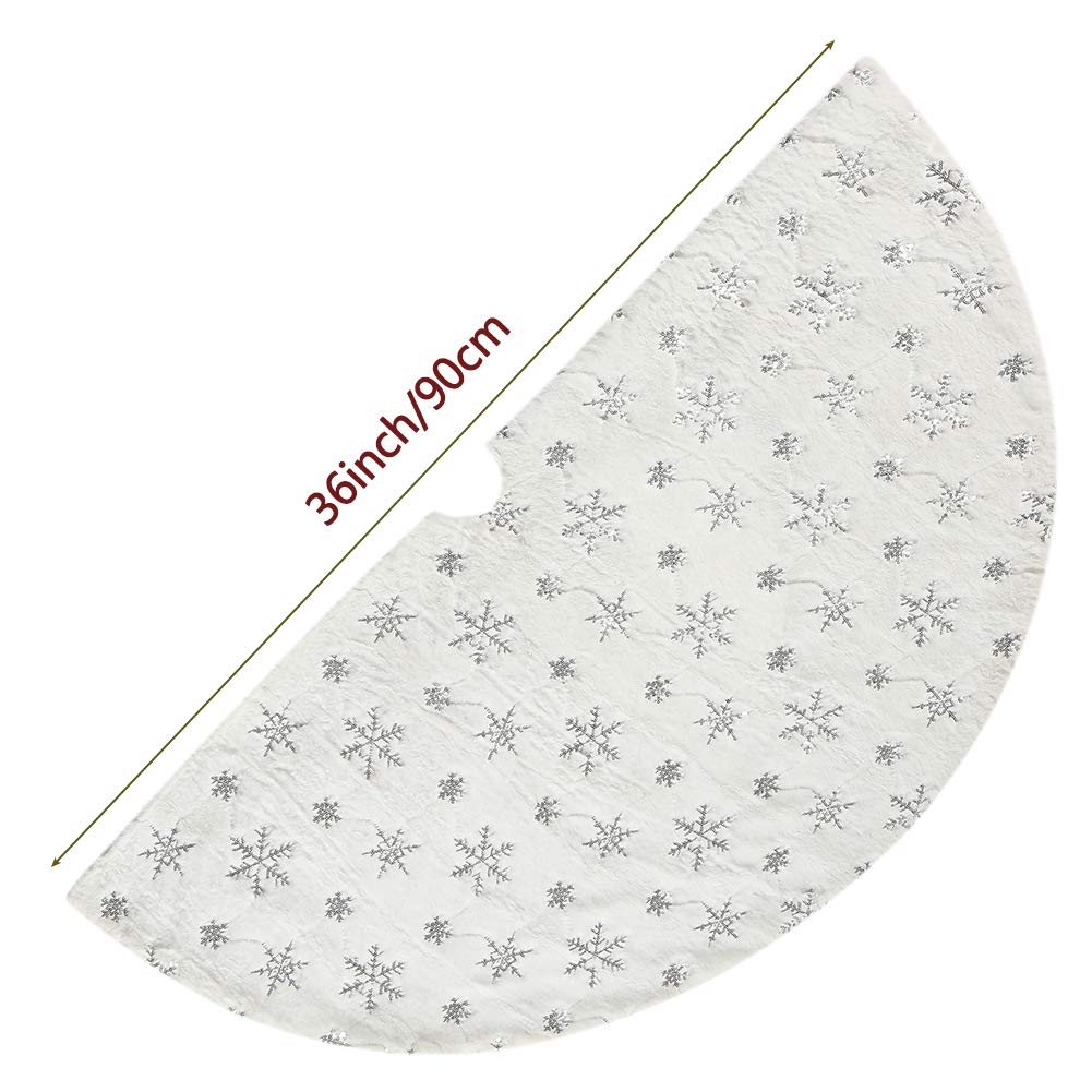 Christmas Sequin Tree Skirt 36in,White Soft Thick with Silver Snowflakes Decorations for 5FT 6FT 7FT Xmas Tree