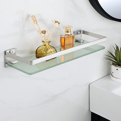 SAYAYO Bathroom Shelf Tempered Glass Shelf Wall Mounted, Brushed Shower Storage with SUS304 Stainless Steel Rail, 38CM Length, EGDL1001-LS