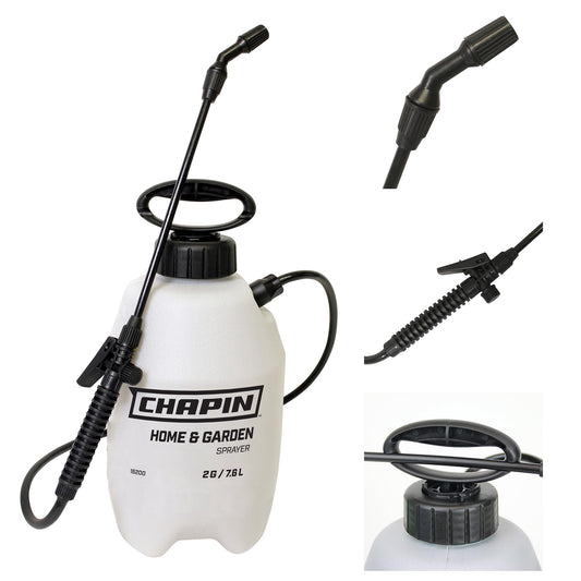 Chapin 16200 2-Gallon Made in USA Garden Pump Sprayer with Ergonomic Handle, Trigger Shut Off, Adjustable Cone Nozzle and in-Tank Filter, for Spraying Weeds, Insects, Fertilizers, Translucent White