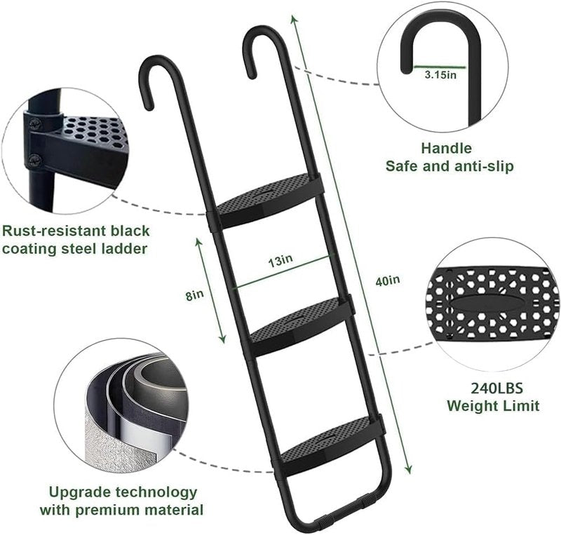 Eurmax USA Universal Trampoline Ladder,240 lbs Capacity,3 Wide Skid-Proof Steps&Shoe Storage Pocket,UV-Resistant Steel Stairs for Kids,Heavy Duty Universal Hook Fit,Trampoline Accessories for Children