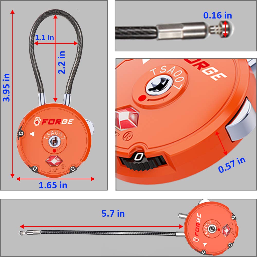 Forge Quality TSA Approved Luggage Locks for Travel Accessories, Suitcase, Pelican case, Set Your own Combination, Zinc Alloy Body-Cable Locks Orange 2 Locks