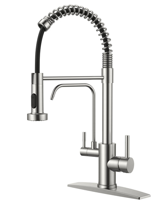 FORIOUS Kitchen Faucet with Purfied Water Filter, 2 in 1 Commercial Stainless Steel Pull Down Sink Faucet and Drinking Water Faucet 2 Handle for Pot Filler Kitchen Sink Farmhouse Bar, Brushed Nickel