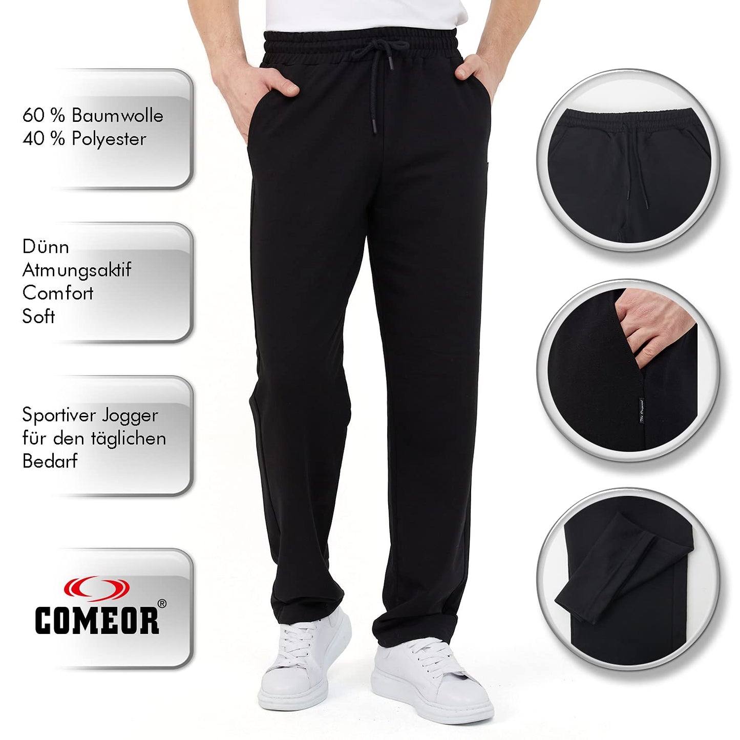 COMEOR Men's Cotton Jogging Pants - Long Men's Sweatpants - Men's Jogger Training Trousers, Relaxing Track Suit Bottom (Black, M)