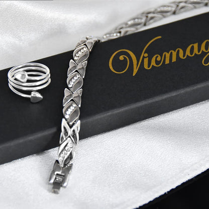 Vicmag Magnetic Bracelets for Women Ladies Titanium Steel Ultra Strength Magnets Bracelet with 3500 Gauss Effective for Women with Gift Box & Removal Tool(Crystal Design for Ladies)(Platinum)
