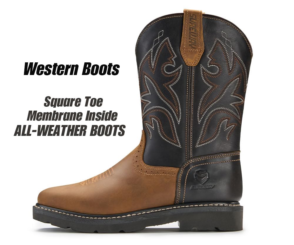SUREWAY Western Boots - Men’s Square Toe Work Boot,Pull On Leather Wellington Boots,Durable Classic Slip Resistant Soft Toe Cowboy Boot