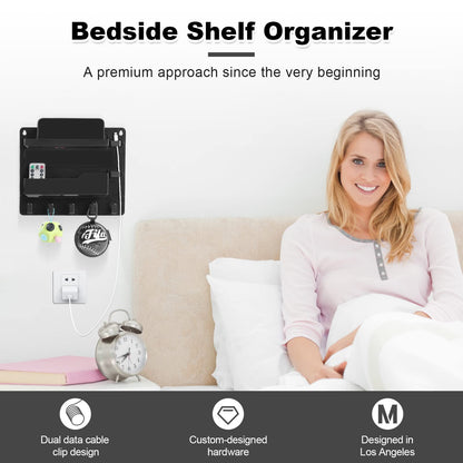 JUMEIHUI Wall Mount Shelf Organizer, Adhesive Bedside Shelf Accessories with Hooks and Cable Clips, Dorm Room Wall Storage for Phone, Remote, Earphone, Kindle, Plastic(Black)