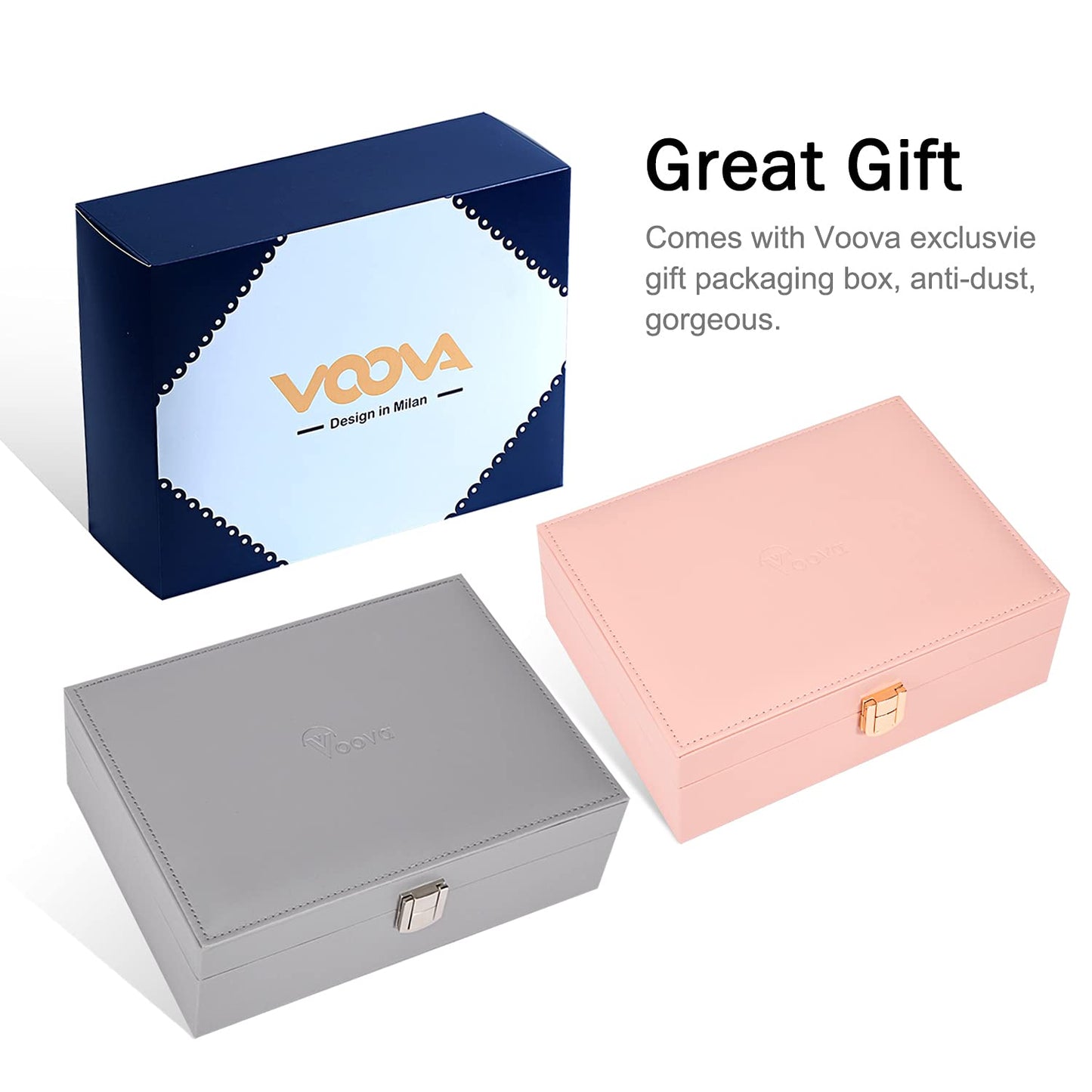 Voova Jewellery Box Organiser for Women Girls, 2 Layers Large Jewelry Storage Case, PU Leather jewlerrying Display Holder with Removable Tray for Necklace Earrings Rings Bracelets, Grey