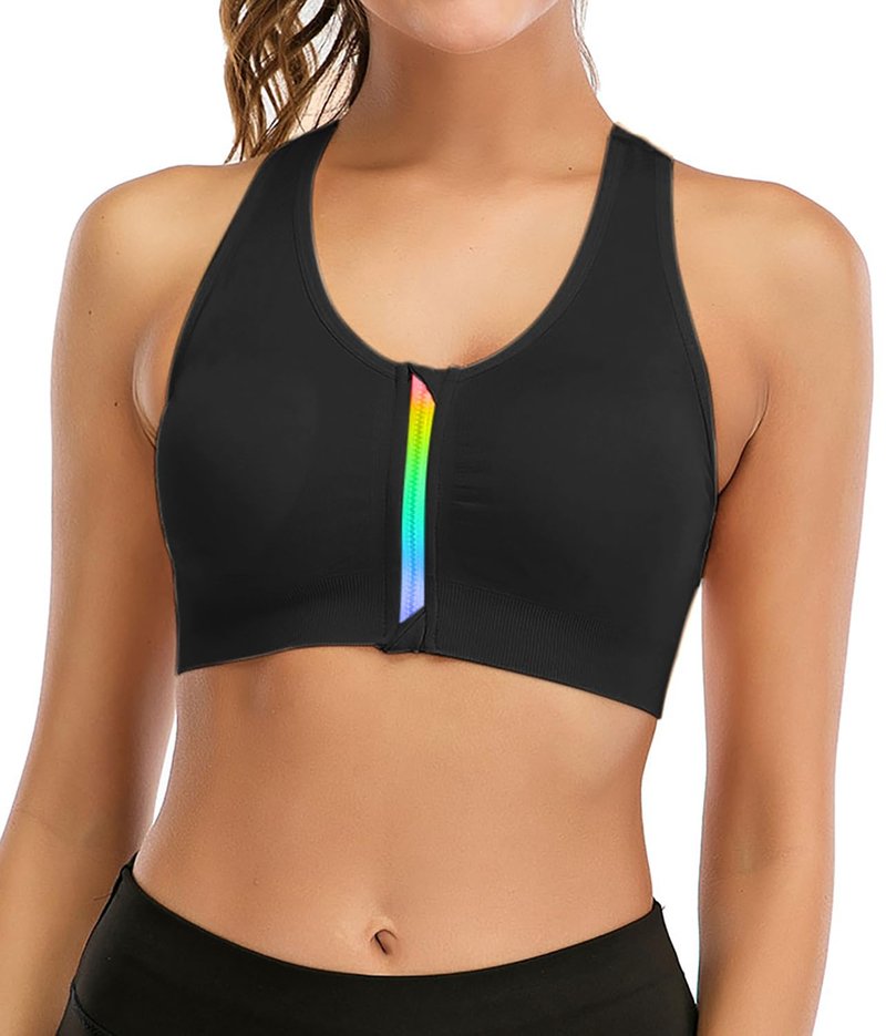 Womens Zip Front Sports Bra Wireless Post-Surgery Bra Racerback Yoga Sports Bras