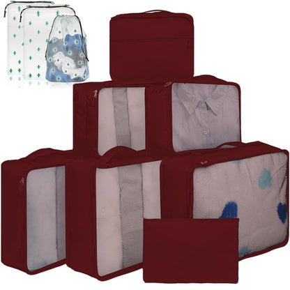 10 Packing Cubes for Suitcases – Luggage Organiser in Various Sizes – Mesh Travel Packing Cube Set in Assorted Colours (10 Dark Red Mixed Sizes)