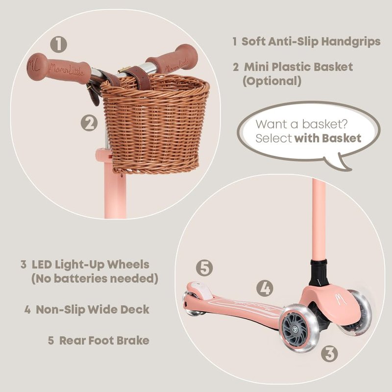 MomnLittle Toddler Scooter for Kids Ages 3-10, 3 Wheel Foldable Kick Scooter with Mini Basket, LED Light-Up Wheels, Lean-to-Steer Design, 4 Height Adjustable Handlebar for Boys and Girls, Pink