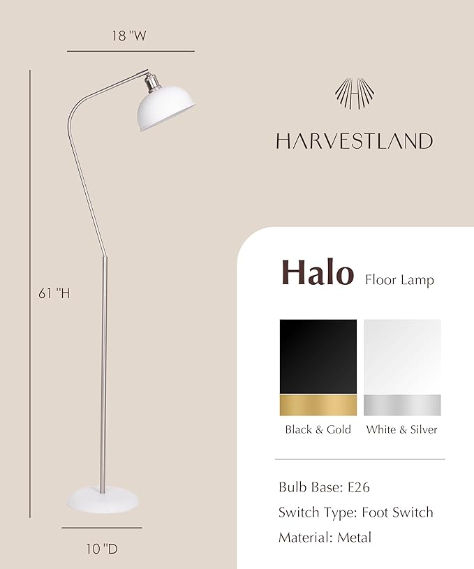 HarvestLand Halo Sliver White Floor Reading Lamp – Pharmacy Floor Lamp with Solid Base, Reading Lamps Floor Standing for Living Room, Bedroom or Over Chair use