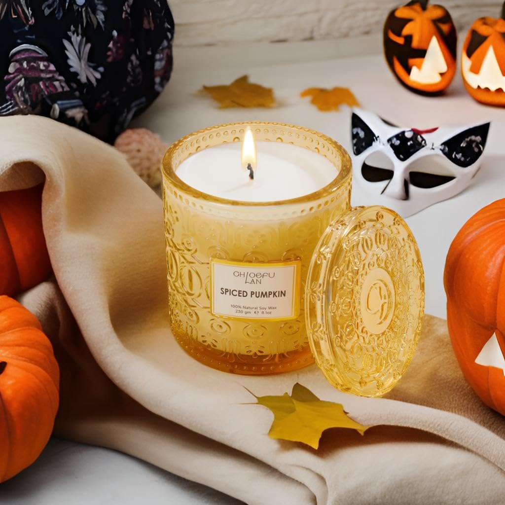 Chloefu LAN Fall Candles for Home Decor Spiced Pumpkin Candle for Halloween, Luxury Scented Soy Jar Autumn Candles with up to 55 Hour Long Lasting, Sweet Home Decor, Barn Fall Decor Pottery, 8.1 oz