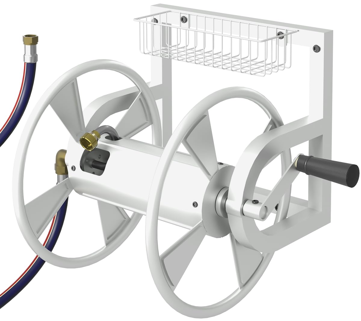 Artigarden Outdoor Garden Hose Reel Wall Mount, Heavy-Duty Water Hose Holder Winder with 3.9 ft Leader Hose, Brass Fitting and Storage Basket for Yard, Holds 125 Feet of 5/8-Inch Hose, White
