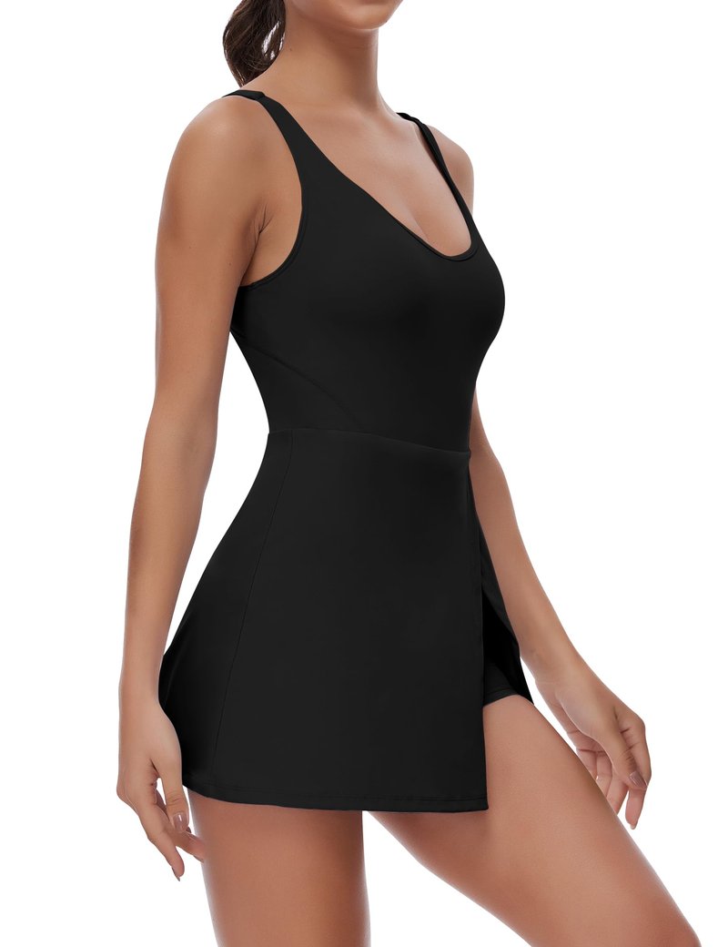 FOMELY Women's Tennis Dress with Built-in Shorts & Bra - Athletic Golf Dress, Side Slit Flare Mini, Black, X-Large
