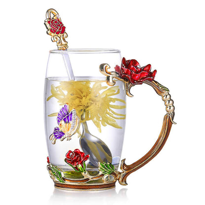 Kaiyuan Dynasty Tea Cup Glass Coffee Mugs Enamel Rose Flower Butterfly Drinking Cups with Spoon Set for Birthday Wedding Red Rose Tall Mug 12oz