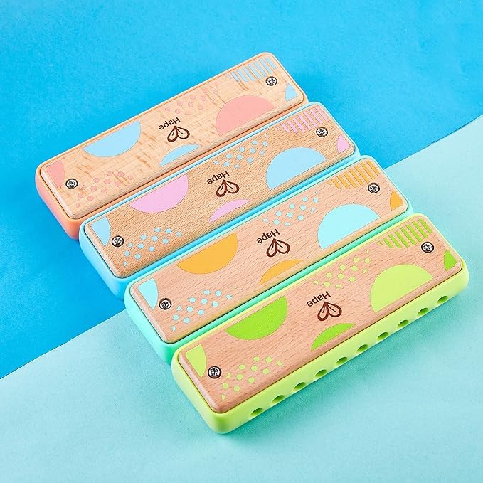 Hape Blues Harmonica | 10 Hole Wooden Musical Instrument Toy for Kids, Blue-Green (E8916)
