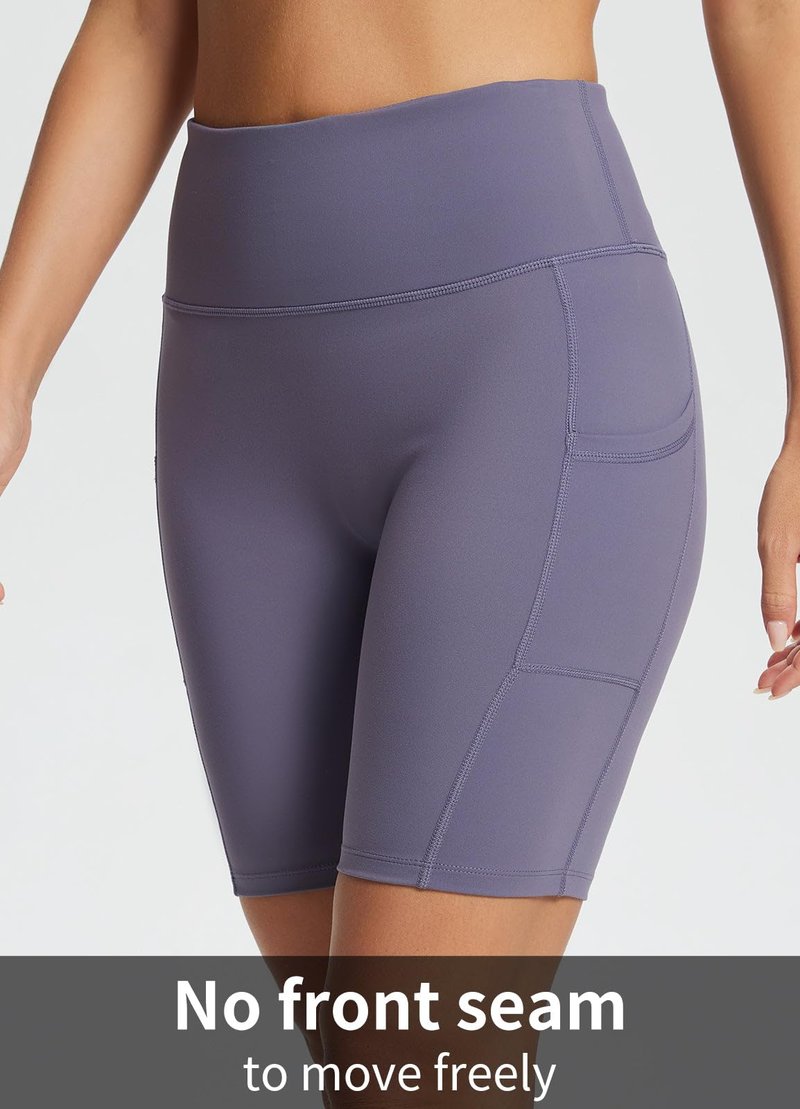 baleaf Biker Shorts Women Yoga Gym Workout Spandex Running Volleyball Tummy Control Compression with Pockets Soft 8" Purple S