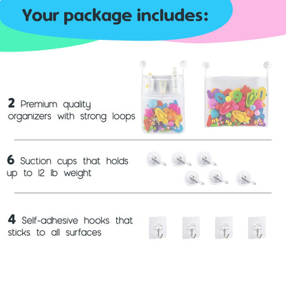 2 x Mesh Bath Toy Organizer + 8 Ultra Strong Hooks – The Perfect Bathtub Toy Holder & Bathroom or Shower Caddy – These Multi-use Net Bags Make Baby Bath Toy Storage Easy – For Kids & Toddlers
