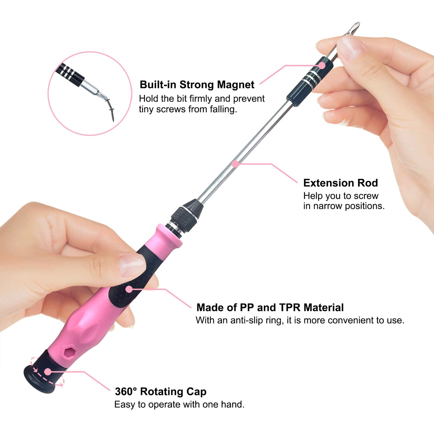 VCELINK Precision Screwdriver Set, 45 in 1 Magnetic Mini Screwdriver Kit, Tweezers & Extension Shaft for Toy, Phone, Tablet, Game Console Repairing, Pink Small Screw Driver Set Gift for Women