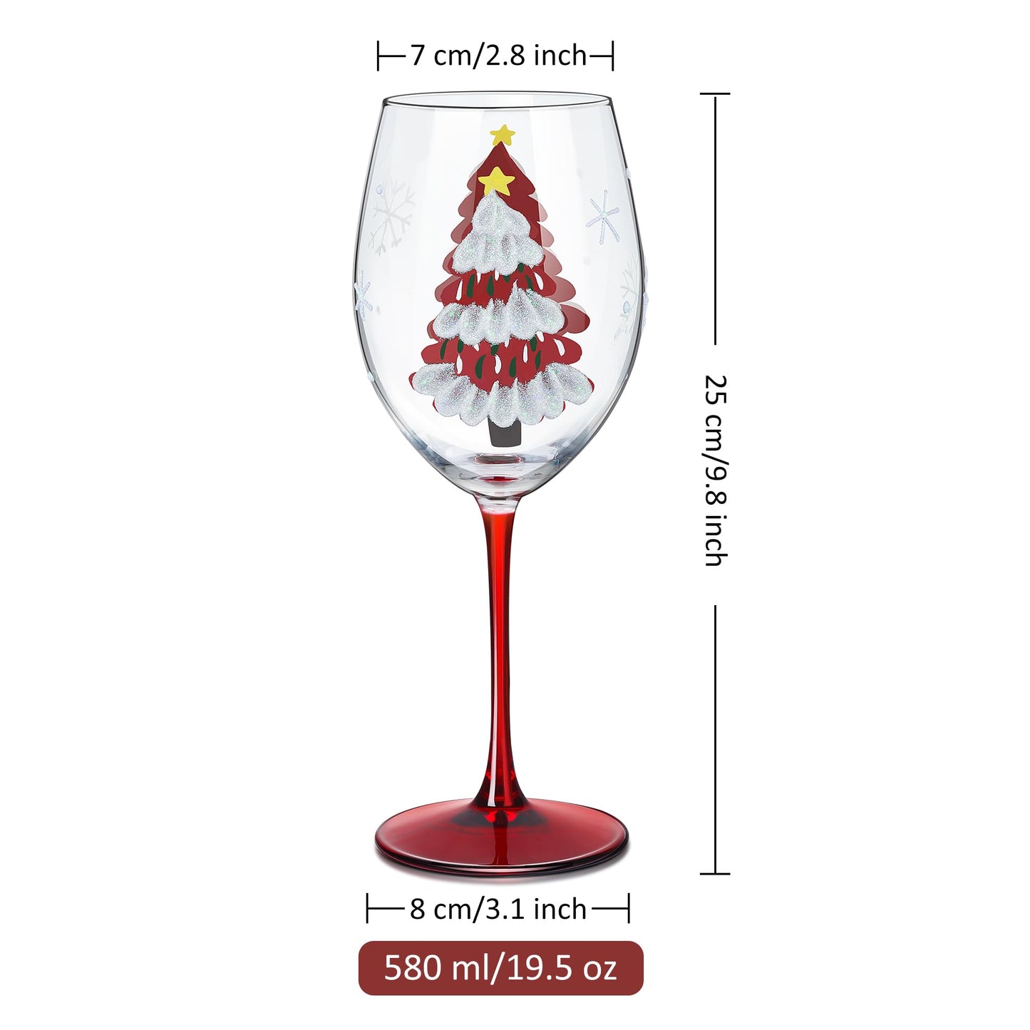 Joeyan Christmas Crystal Red and White Wine Glasses,Hand Painted Glass Goblet Drinking Glasses,Red Xmas Tree and Snowflakes Patterned Glass Tumbler Cups with Stem,Gift for Men Women,19.5 oz,Set of 2