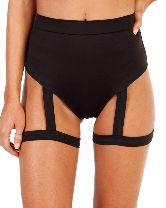 iHeartRaves Showdown Harness High Waisted Booty Shorts for Women Rave Bottoms Pole Dance Shorts (Black, Small)