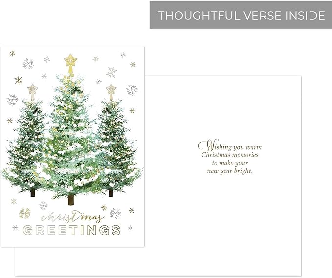 Masterpiece Gold Trimmed Trees Christmas Cards / 16 Boxed Seasons Greetings Holiday Cards Set With Coordinating Gold Foil Lined Envelopes / 5 5/8" x 7 7/8" Folded Winter Greeting Cards With Inside