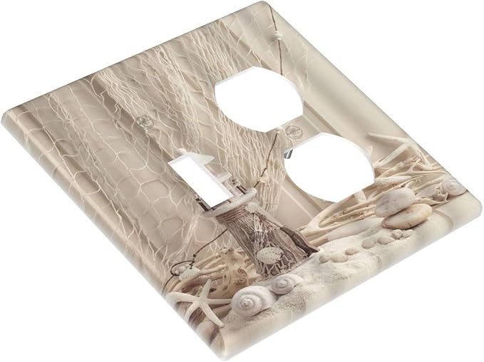 Decorative Light Switch Cover Plate Nautical Coastal Seashell Fishing Net Ocean Lighthouse Starfish 2 Gang Outlet Covers 1 Toggle 1 Duplex Wall Plate Electrical Switch Plate Covers for Bathroom Home