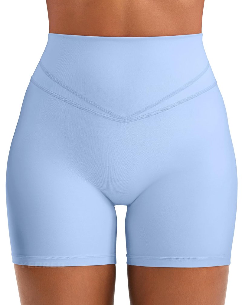 YEOREO Women Workout Yoga Shorts 4.5" No Front Seam Hidden Scrunch Almiy High Rise Buttery Biker Shorts Light Blue S