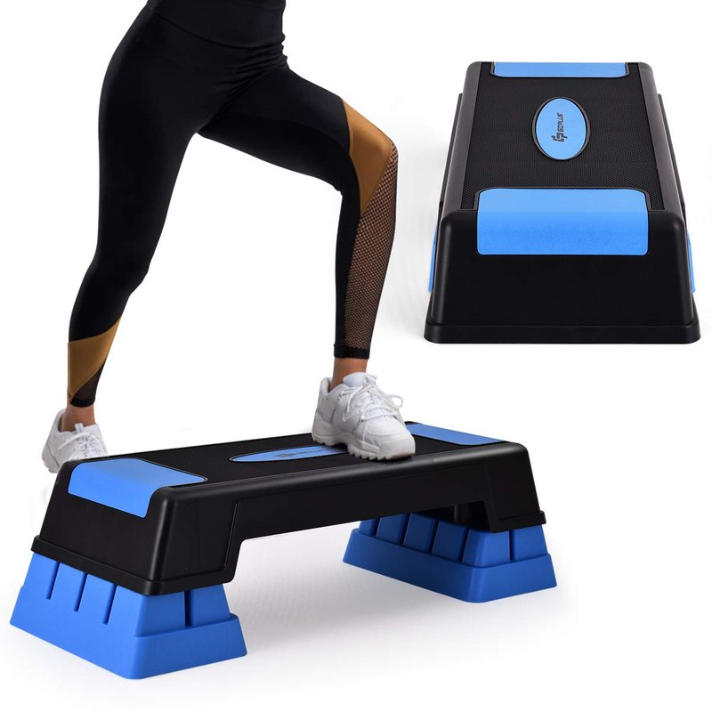 Goplus 30'' Aerobic Stepper with Risers, 5” 7” 9” Levels Height Adjustable, Workout Fitness Exercise Step Platform Trainer with Non-Slip Foot Pads, for Home/Gym (Blue)