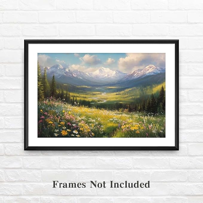 Yesad Wildflower Field Landscape Canvas Wall Art, Alpine Mountain Painting Wildflowers Pictures Poster Flower Prints Vintage Nature Wall Décor for Living Room, Bedroom (Unframed,24”x16”,Wildflower4)