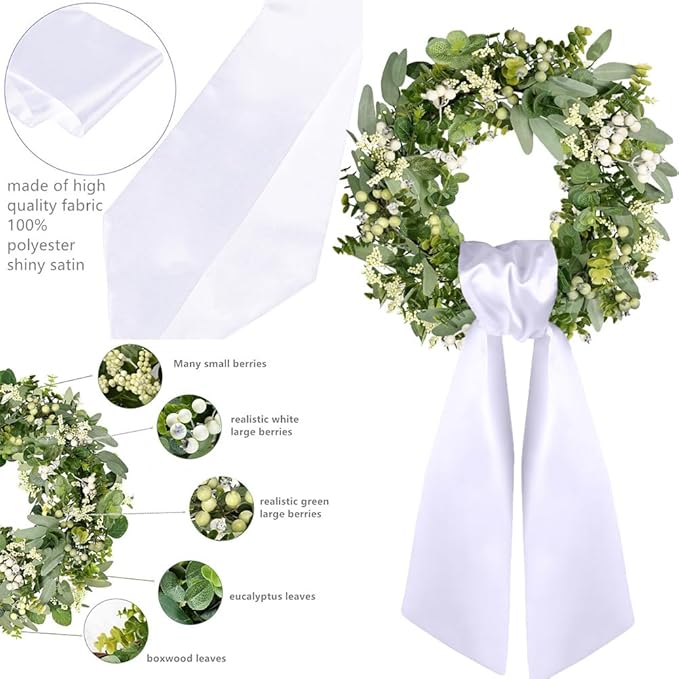 Spring Wreaths for Front Door 18" Eucalyptus Wreath and 56" x 4.5" Sash Decor Green Leaves Decorations Outside