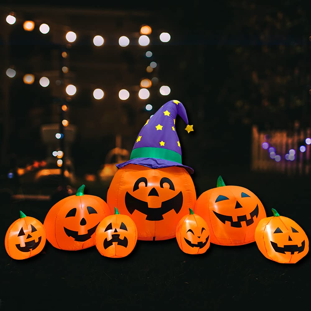 Poptrend Inflatable Halloween Decorations,8.2 FT Inflatable 7 Pumpkins Wearing Witch Hats Outdoor Halloween Blow Up Yard Decorations Internal LED Lights Holiday Decorations Home Garden