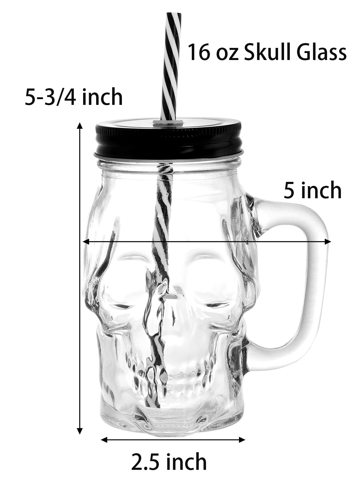 TOPZEA 6 Pack Skull Mason Jars with Handle, 16 Oz Glass Beer Mugs Gothic Wide Mouth Tumbler Cup with Straws and Lids, Novelty Pub Bar Mug Halloween Drinking Glasses for Beverage, Liquor, Mix Cocktail