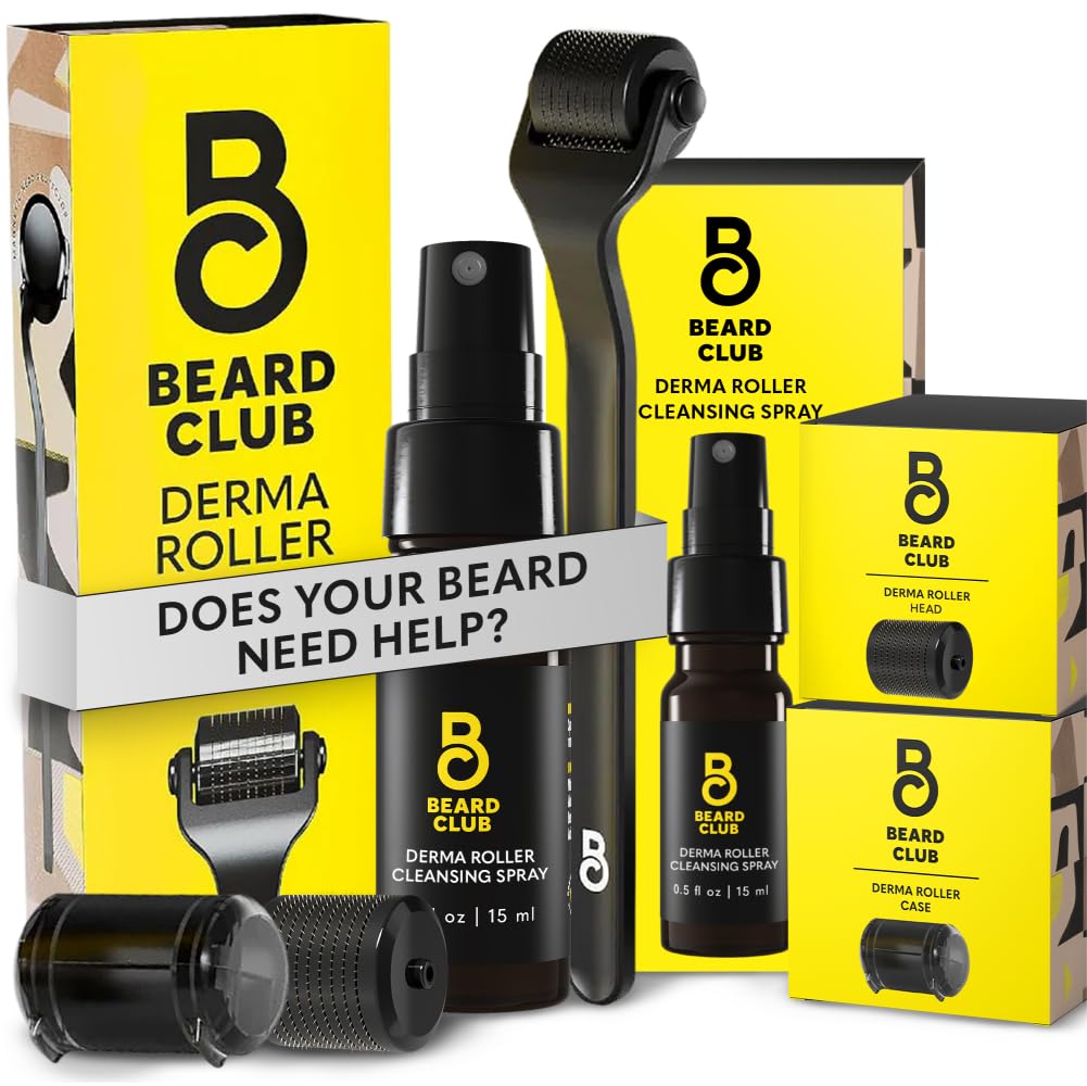 Beard Club Premium Derma Roller & Beard Growth Oil - Microneedling Roller with 540 Titanium Microneedles for Face, Body and Scalp - Beard Roller with Sandalwood & Cedar Beard Oil