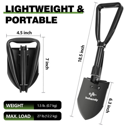 BEHANDY 18.5" Folding Shovel, Collapsible Shovel for Car Snow, Camping Shovel and Pickax, Military Entrenching Tool for Gardening, Camping, Sand, Off Road, Portable Car Emergency kit