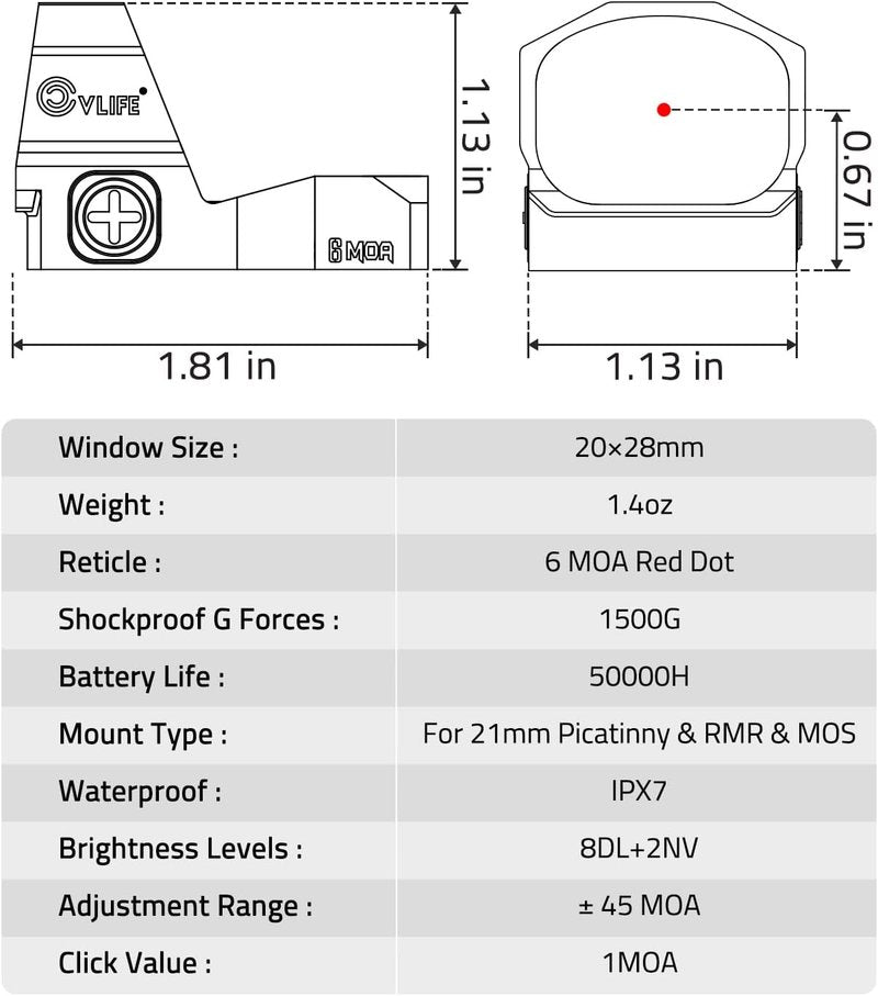WolfCovert Pistol Dot Sight - 6 MOA Open Reflex Optics with 1.1" Large Lens | Adapter for MOS & 21MM Picatinny