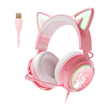 EASARS Pink Gaming Headset GS510, Wired, Over Ear, Cat Ear Design with RGB Lighting, 7.1 Surround Sound, Retractable Mic, Compatible with PC, PS4, PS5